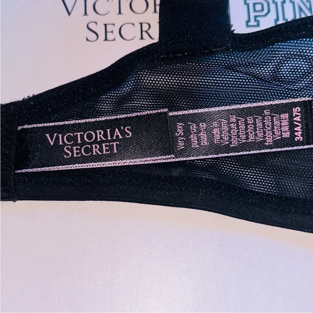 💎VS Very Sexy Black Lace Bling Push Up Bra With Matching Garter Belt Set NWT✨